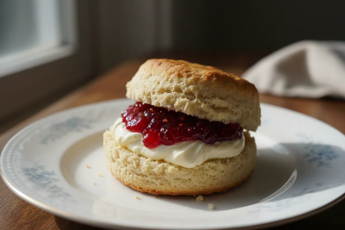 Close-up of a scone with jam and clotted cream on porcelain