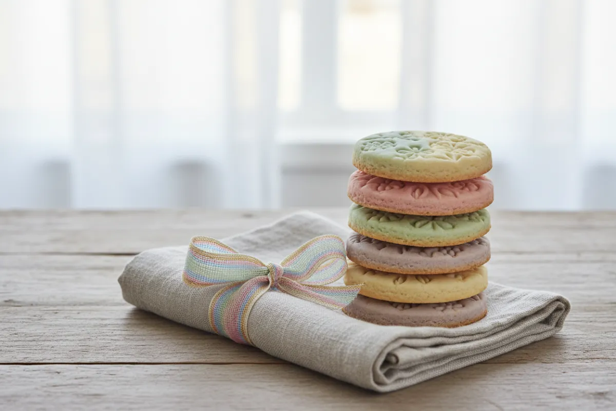 Handcrafted biscuit stacked beside a ribbon-tied napkin for mosaic styling and texture contrast.