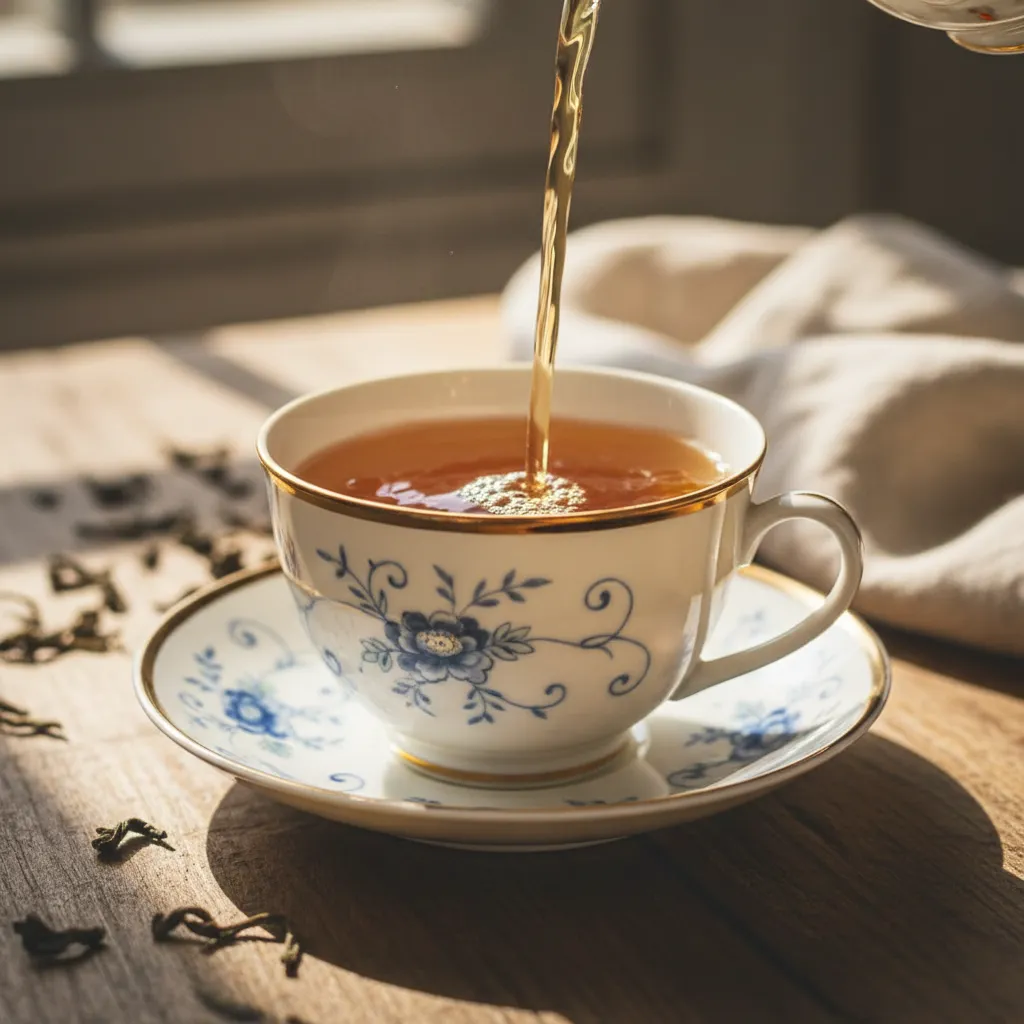 Close-up of tea being poured into a delicate cup.