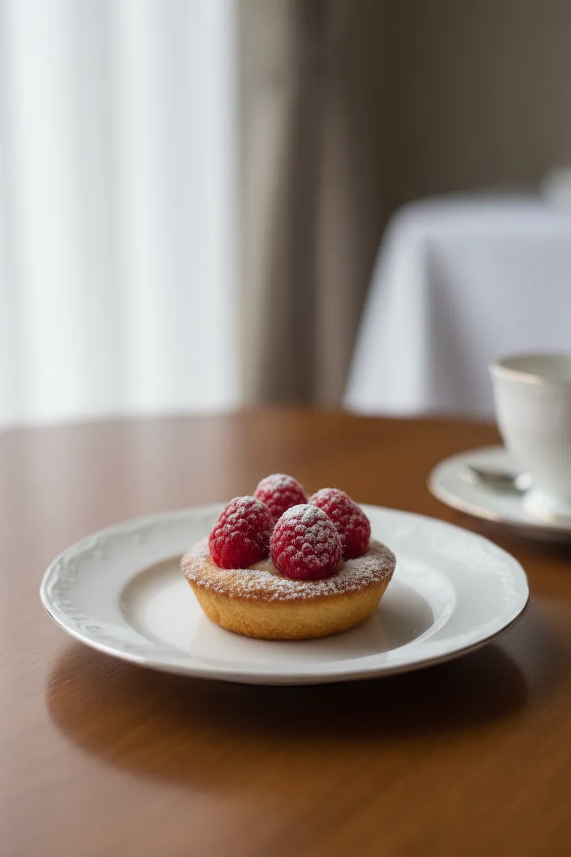 A plated high-tea pastry in soft natural light