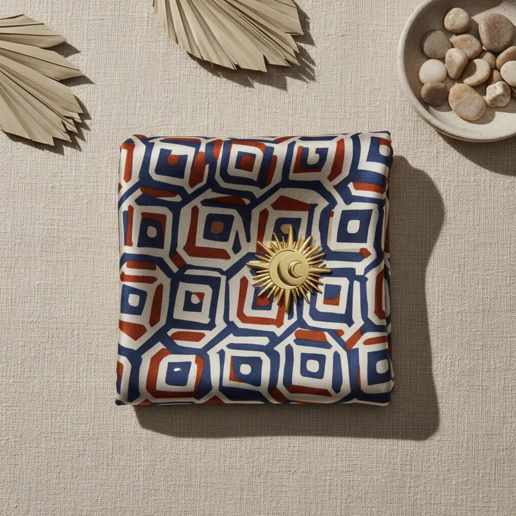 Brandable merchandise flat-lay with scarf and enamel pin.