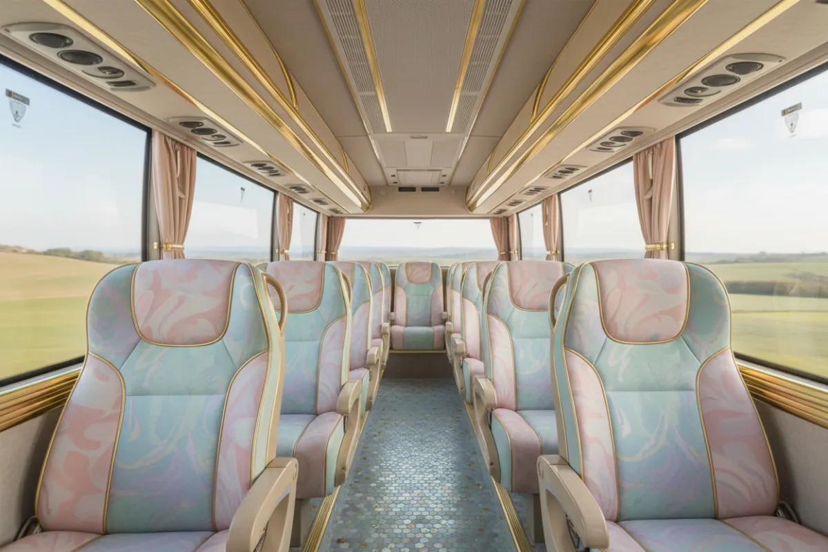 Panoramic detail of coach interior with pastel upholstery and golden trim, shot wide for mosaic tile.