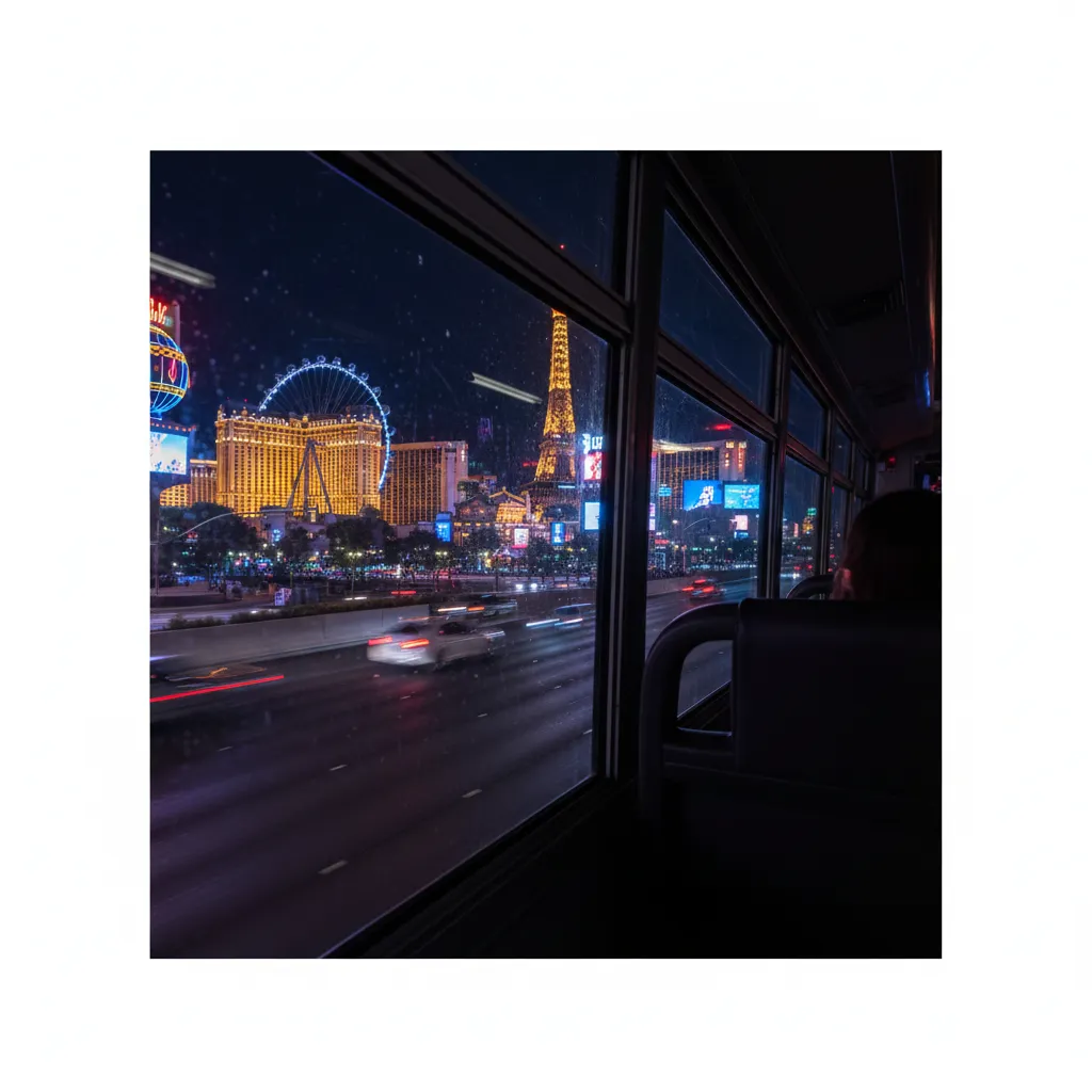 Scenic night view of the Strip from the coach window.
