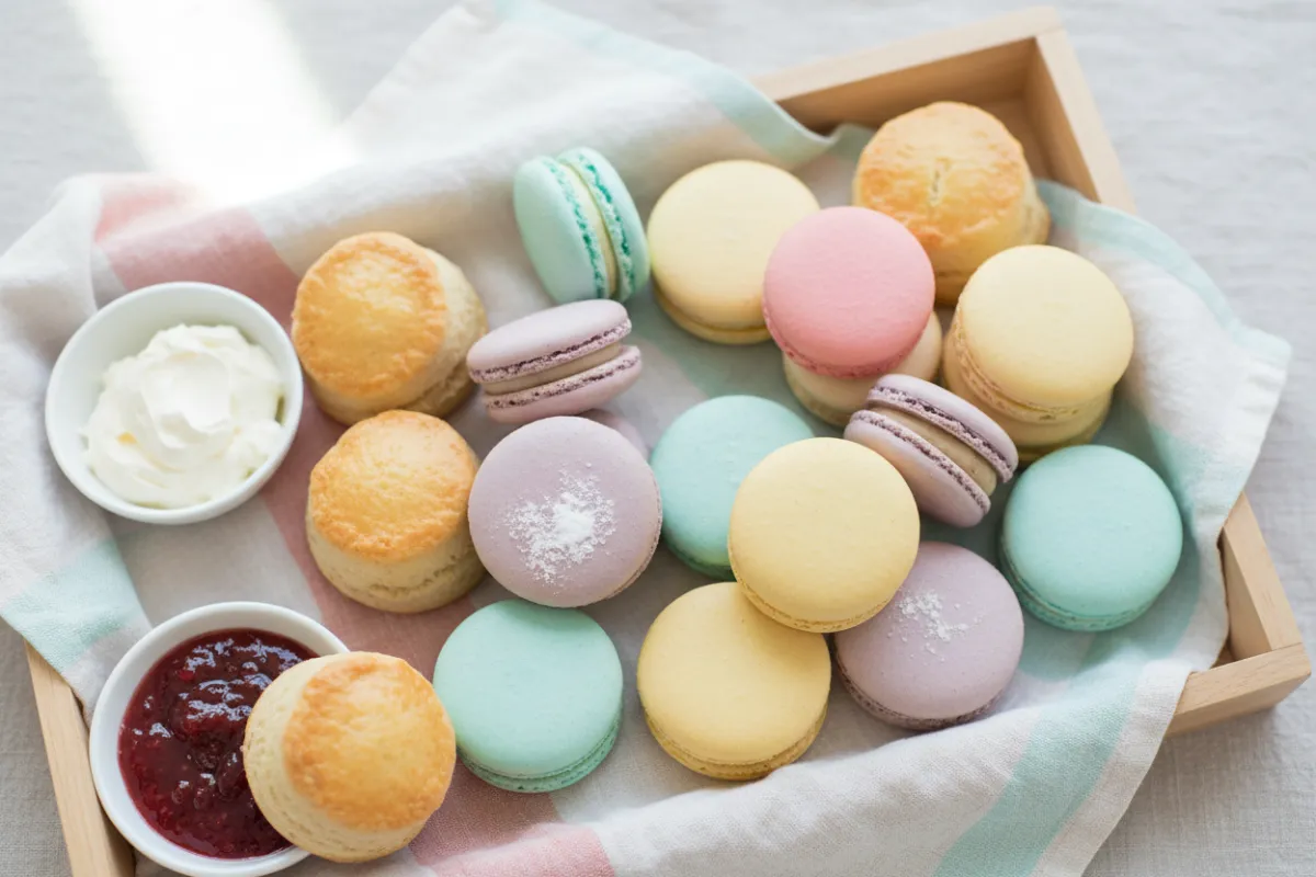 Overhead of a tea tray with colorful macarons and scones on pastel linen with shallow depth and gentle highlights.