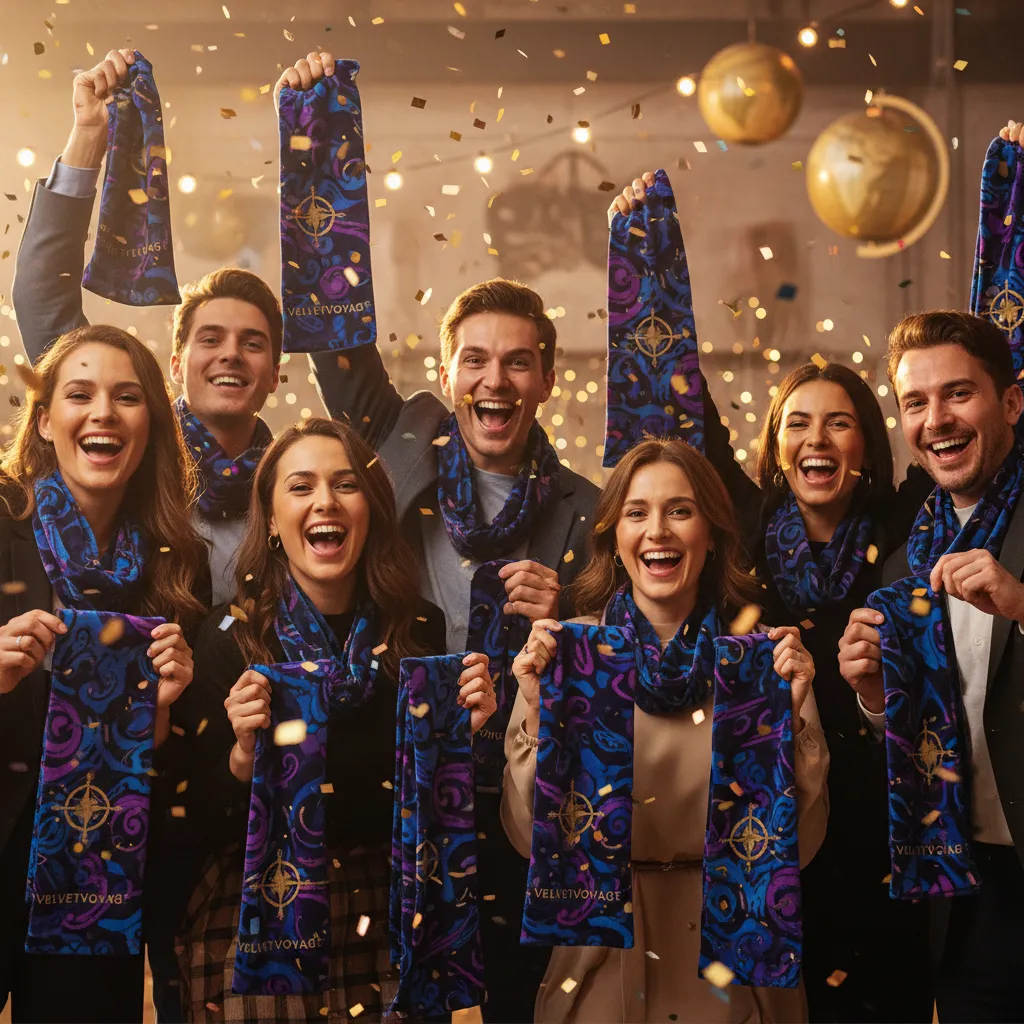 Group photo with branded VelvetVoyage scarf as a giveaway moment.
