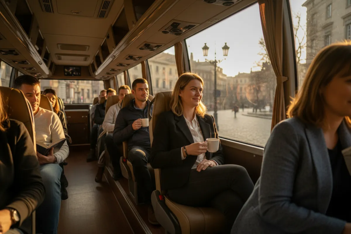 Afternoon light through panoramic coach windows with guests and street views