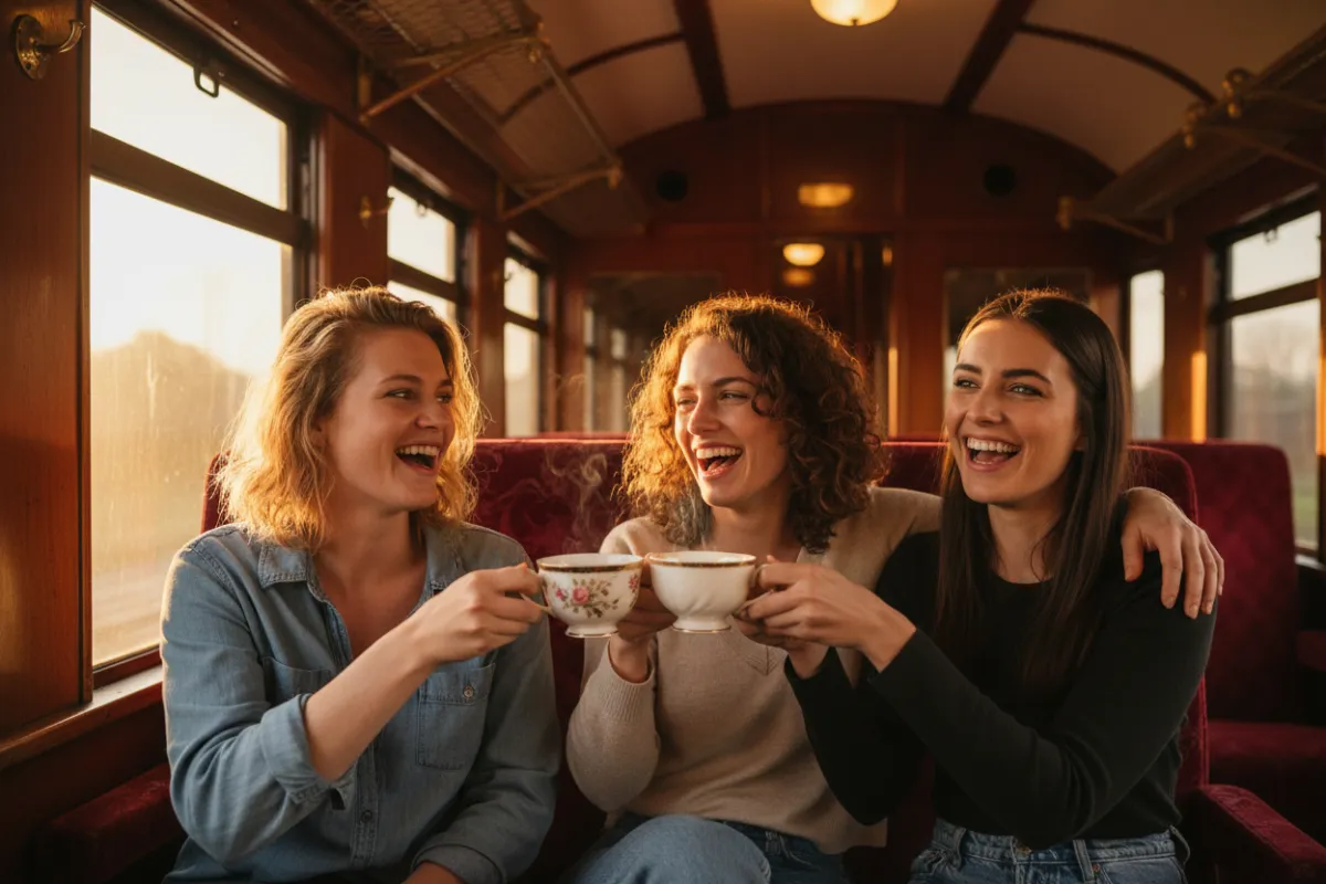 A smiling group of three friends clinking teacups inside a vintage coach.