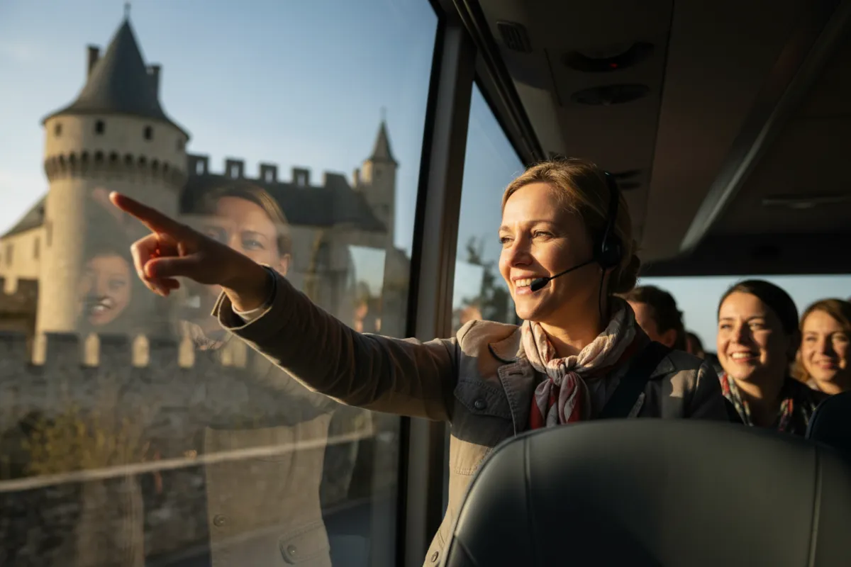 Smiling guide gesturing toward a landmark through the coach window