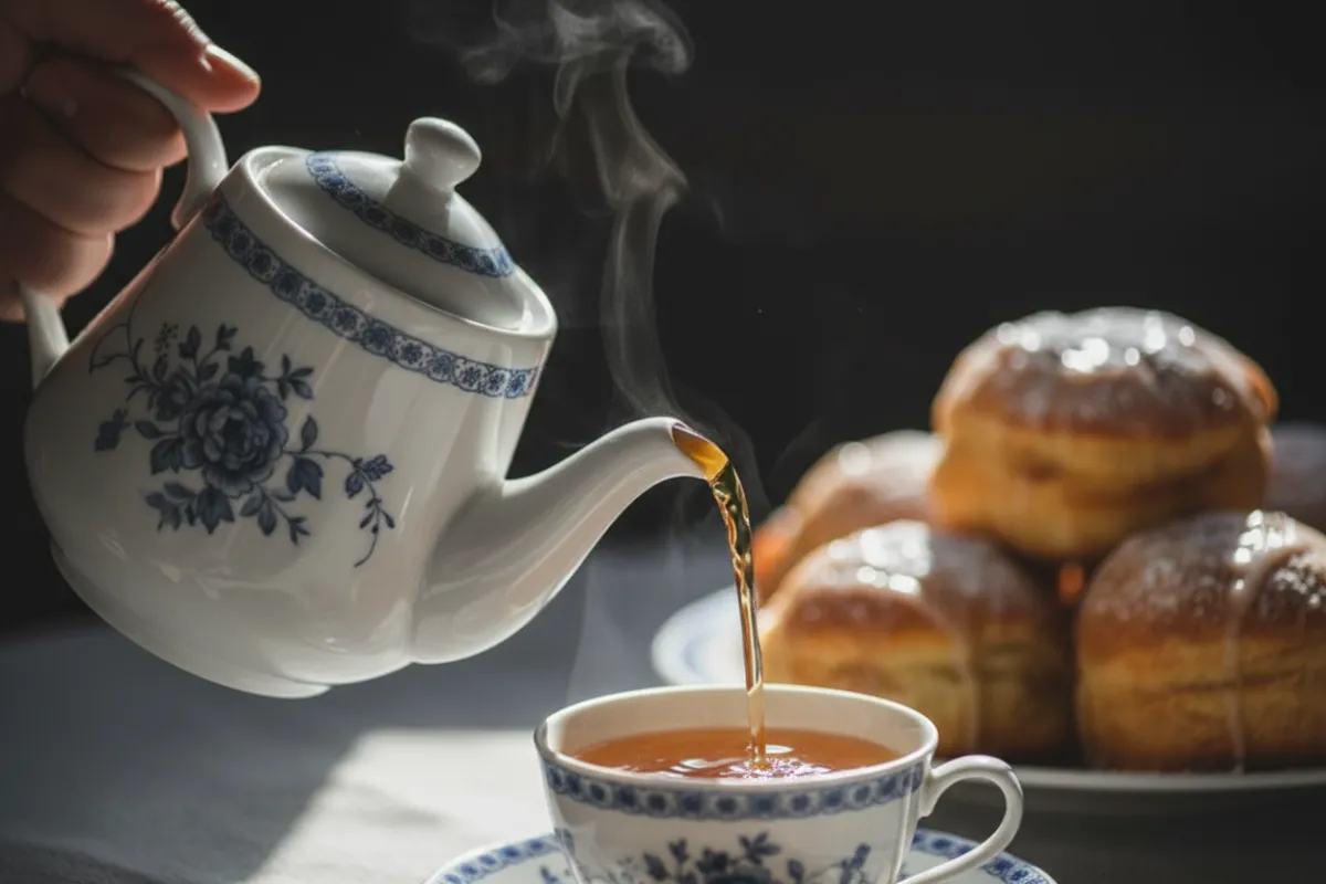 Hand pouring tea from a porcelain pot into a cup with pastry blurred in the background.