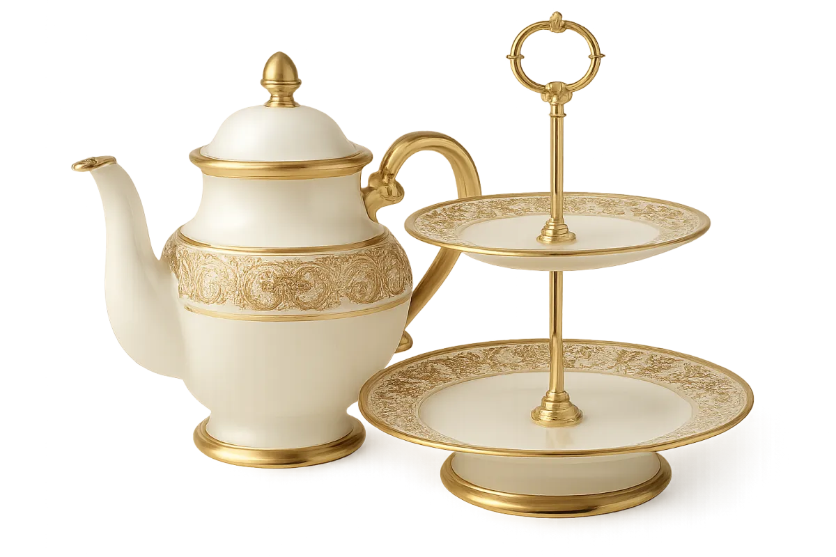 Elegant royal-style tea service set with teapot and tiered tray