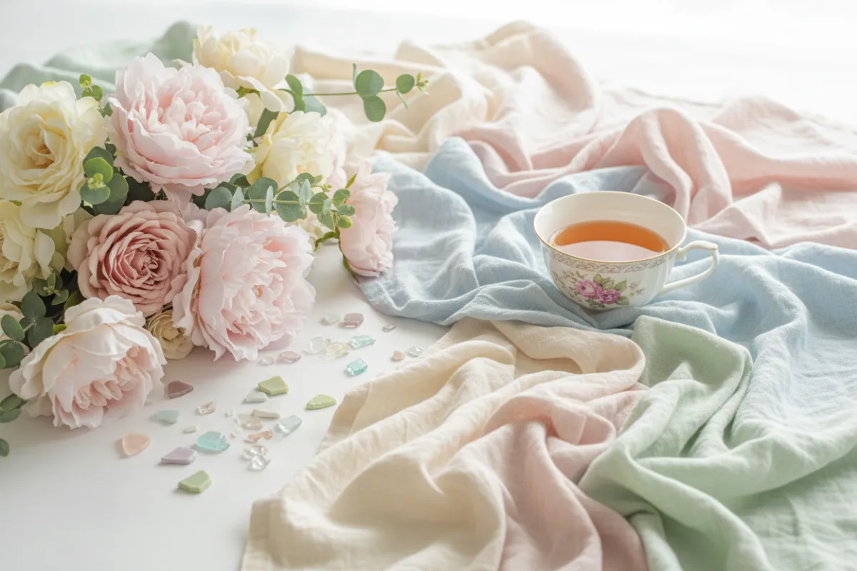 Decorative floral arrangement and linen textures laid out beside a teacup for mosaic variety.