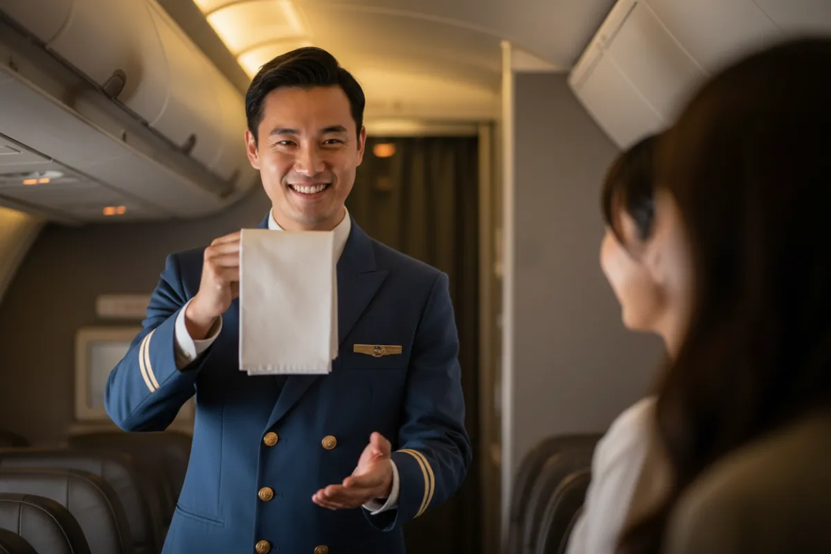 Smiling host raising a folded napkin to greet guests as they board the coach.