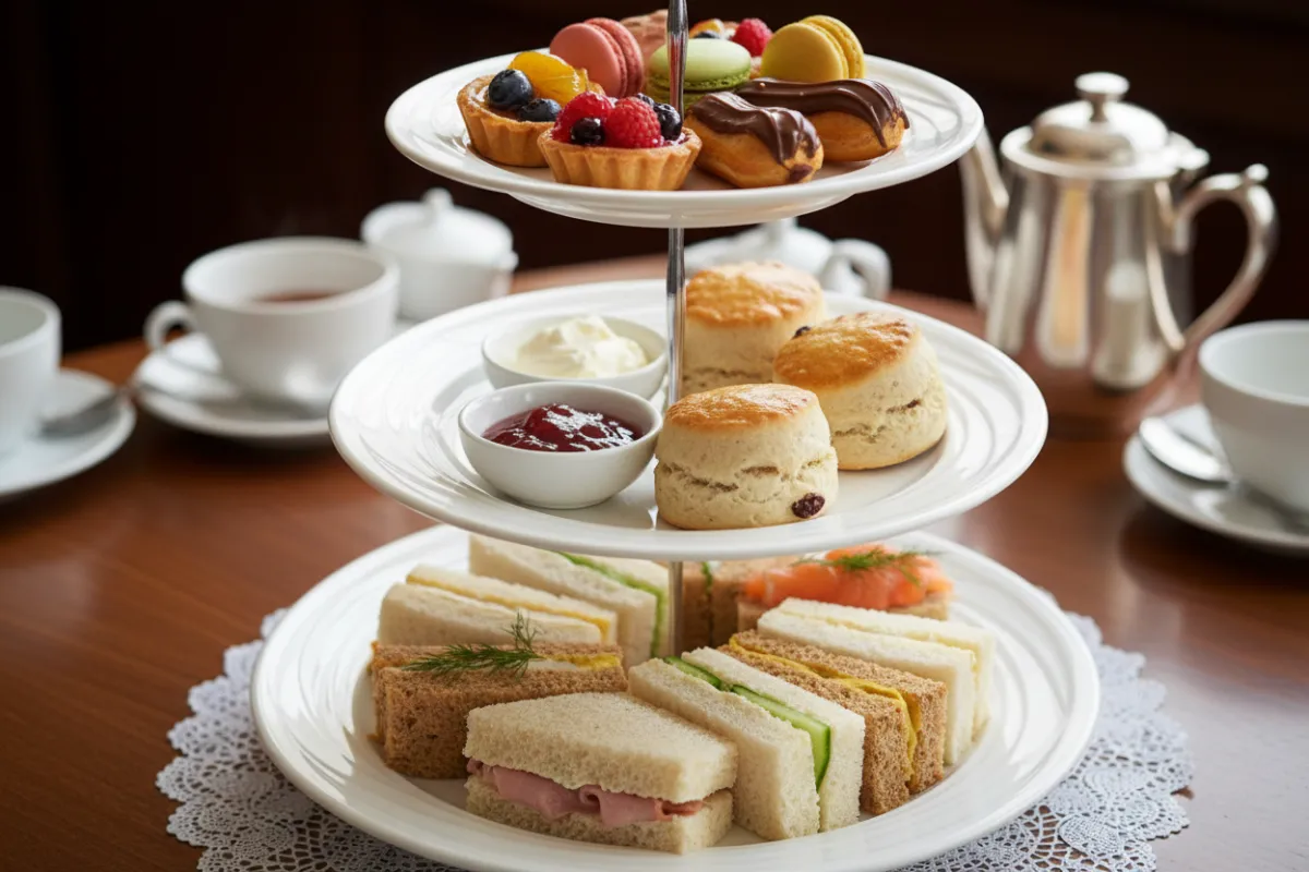 Tiered tea tray with assorted pastries and finger sandwiches on white porcelain.