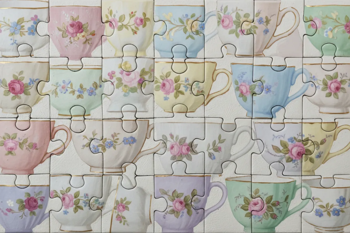 Pastel-toned close-up of mismatched vintage teacups arranged in a mosaic composition with delicate floral patterns and soft natural lighting.