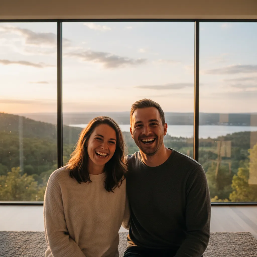 Wide smiling couple framed by a panoramic window.