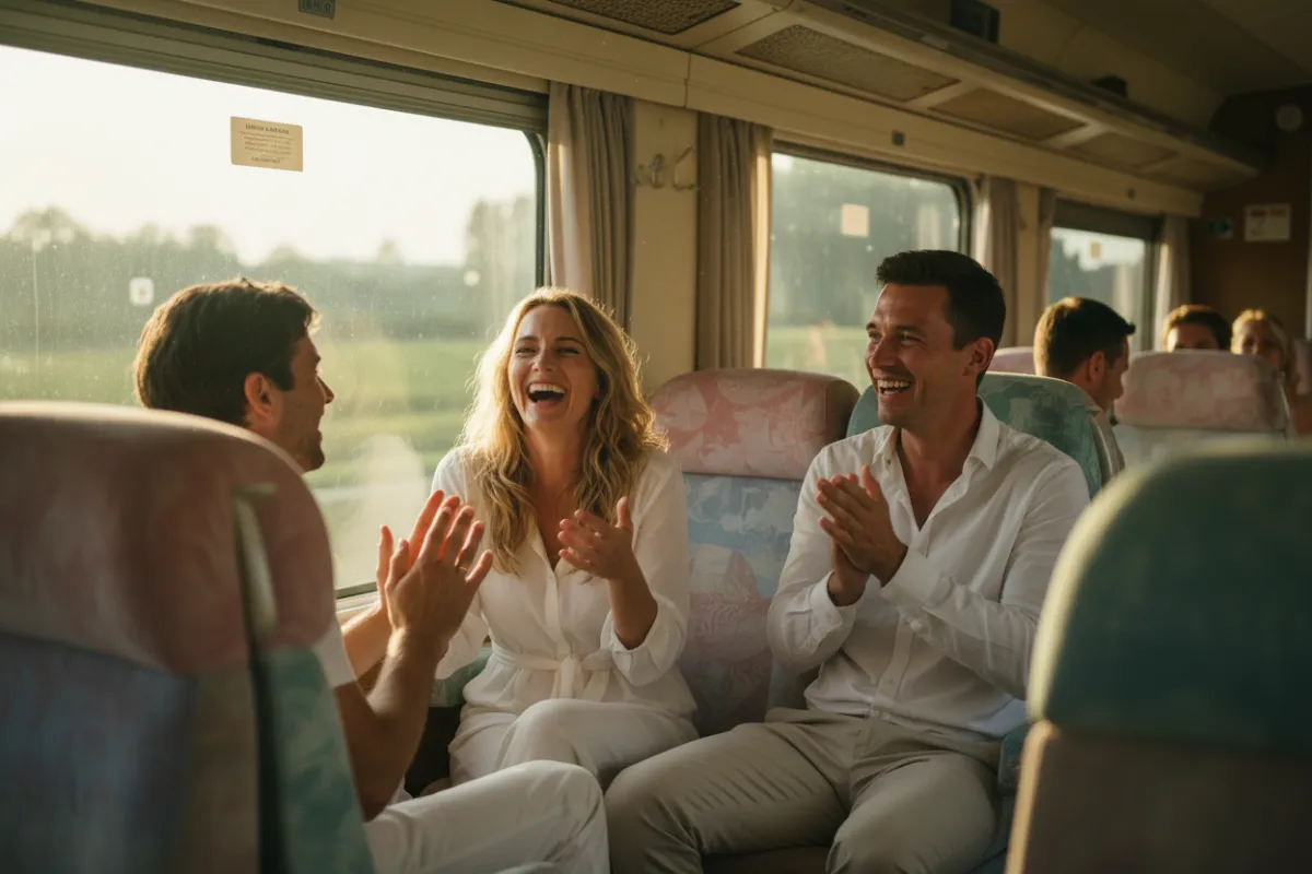 Candid guests laughing inside a coach with pastel upholstery tones and soft directional light creating filmic warmth.