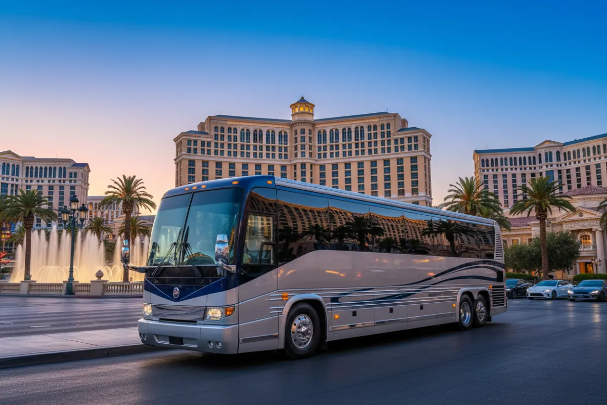 Exterior city shot of the coach parked in front of an iconic Las Vegas landmark.