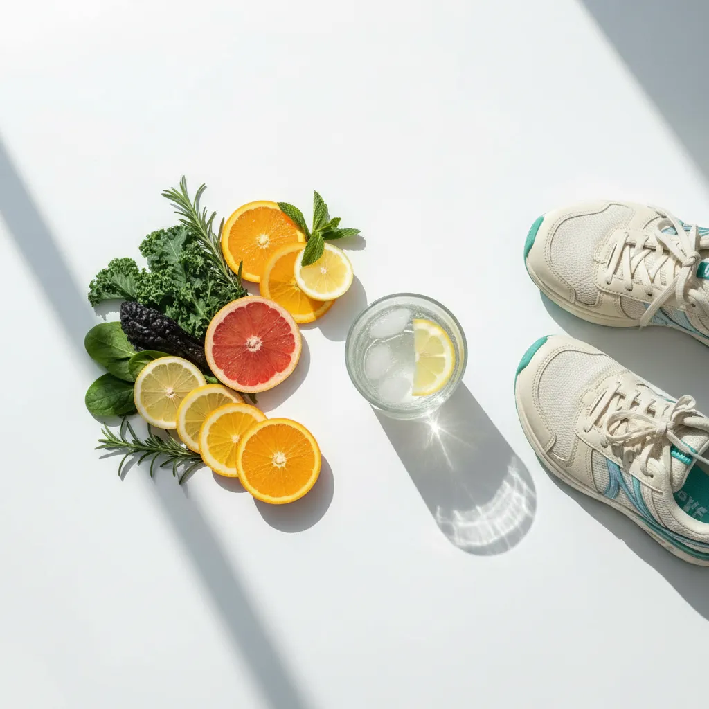 Clean plate of fresh vegetables, water, and sunlight for lifestyle medicine