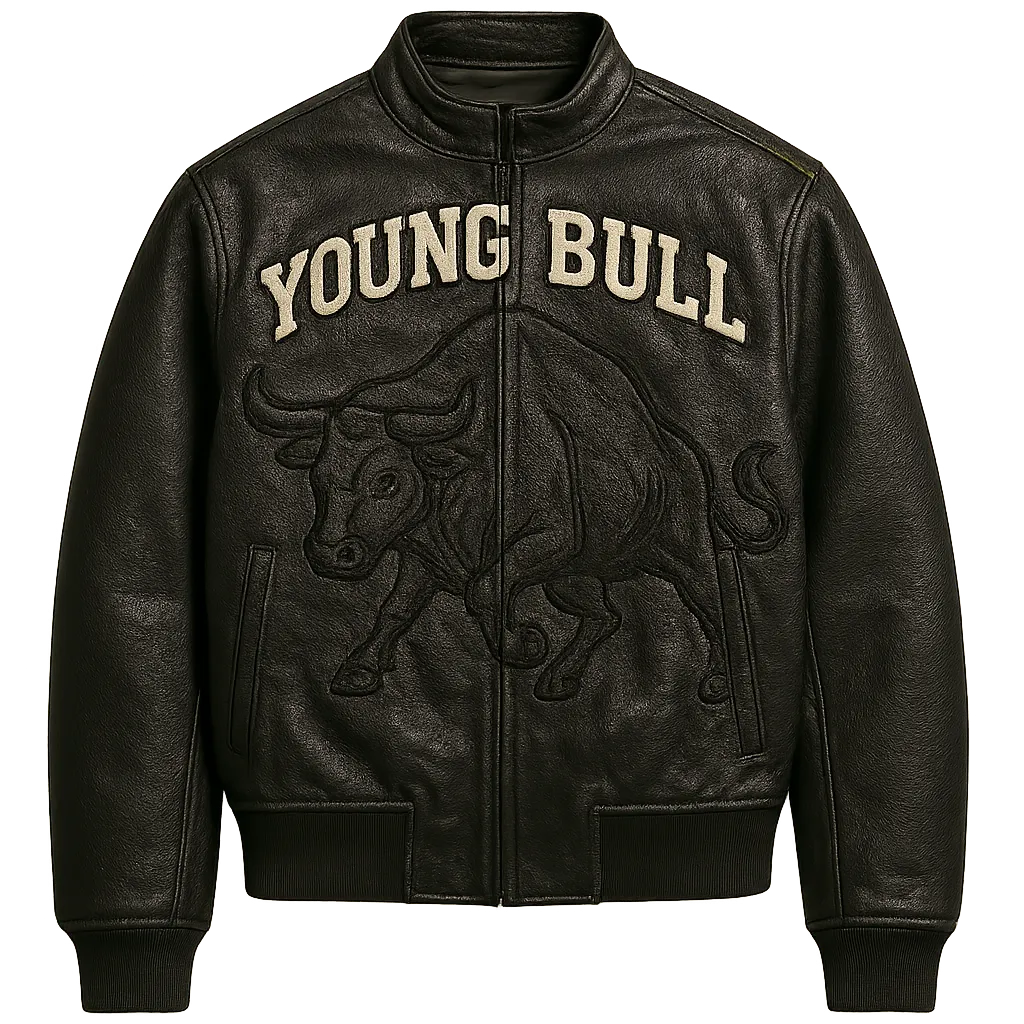 Young Bull Rawhide Leather Racing Jacket with oversized bull embroidery