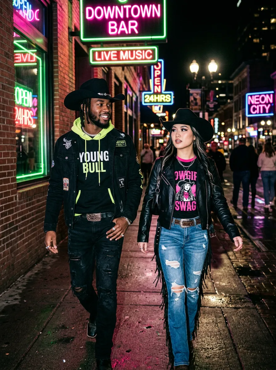 Duo sporting matched Young Bull and Cowgirl Swag apparel under neon downtown street lights