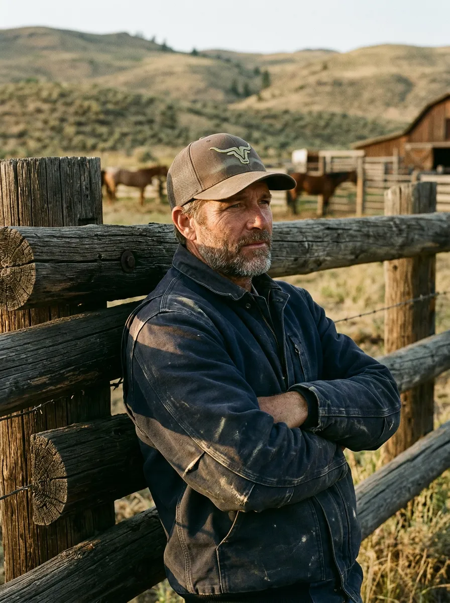 Ranch rider resting against heavy timber fence wearing signature Young Bull headwear and jacket