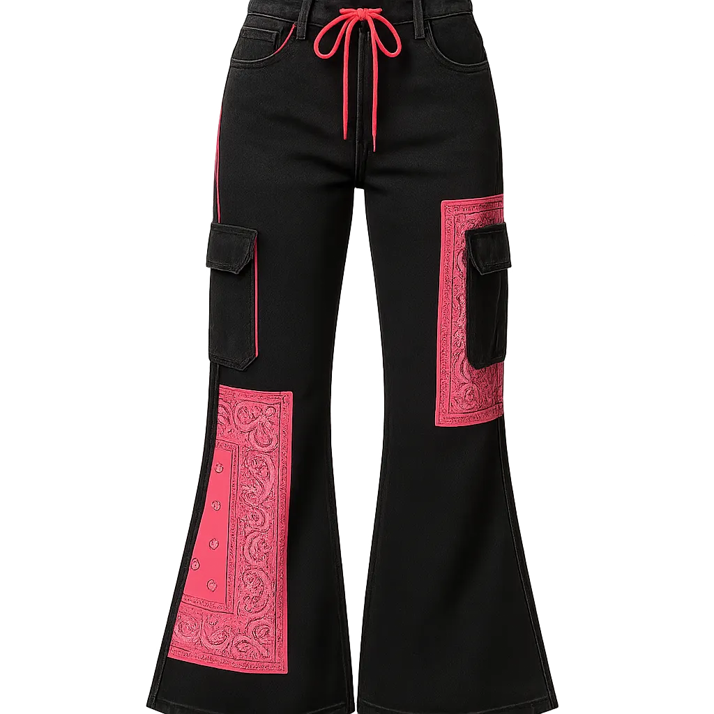 Cowgirl Swag Bandana Print Flare Cargo Pants with neon pink drawstring