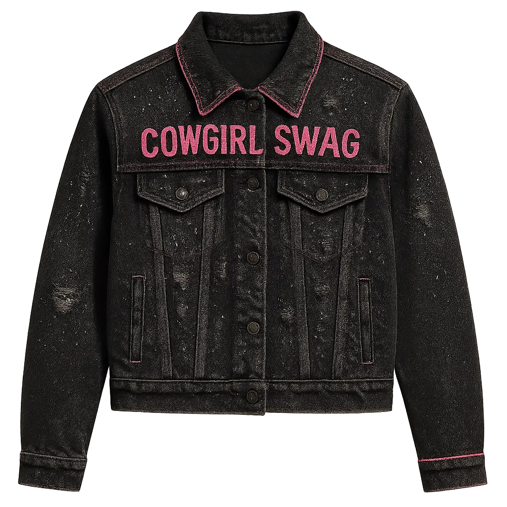Cowgirl Swag Rhinestone Distressed Denim Trucker Jacket with hot pink chainstitch