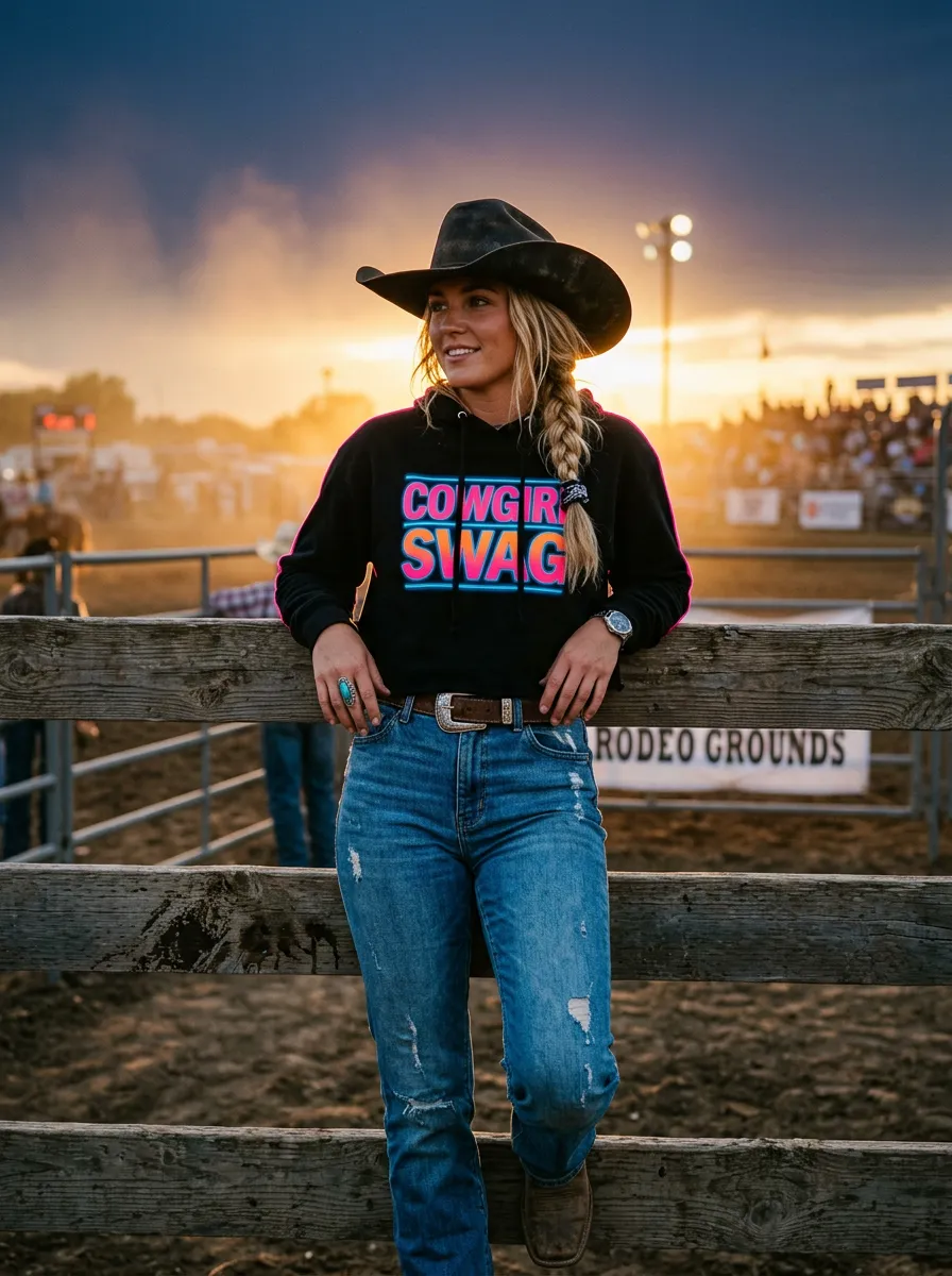 Cowgirl Swag neon cropped hoodie styled at sunset rodeo grounds arena rail