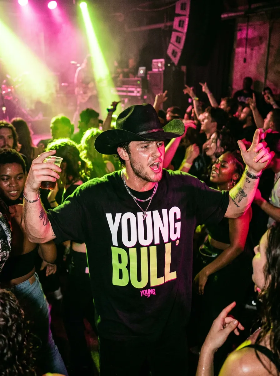 Streetwear enthusiast rocking oversized Young Bull tee in underground live concert crowd