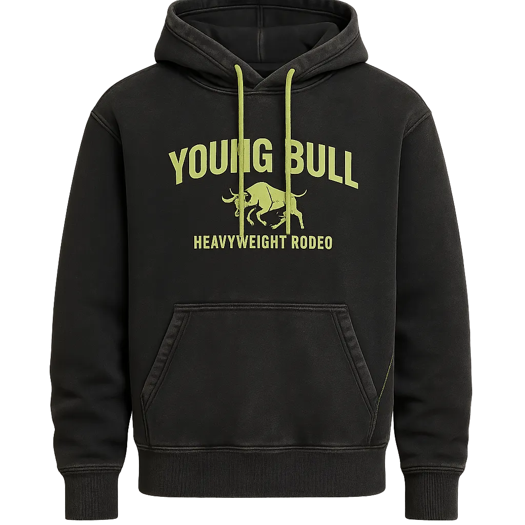 Young Bull Heavyweight Rodeo Hoodie in raw washed black with neon lime graphics