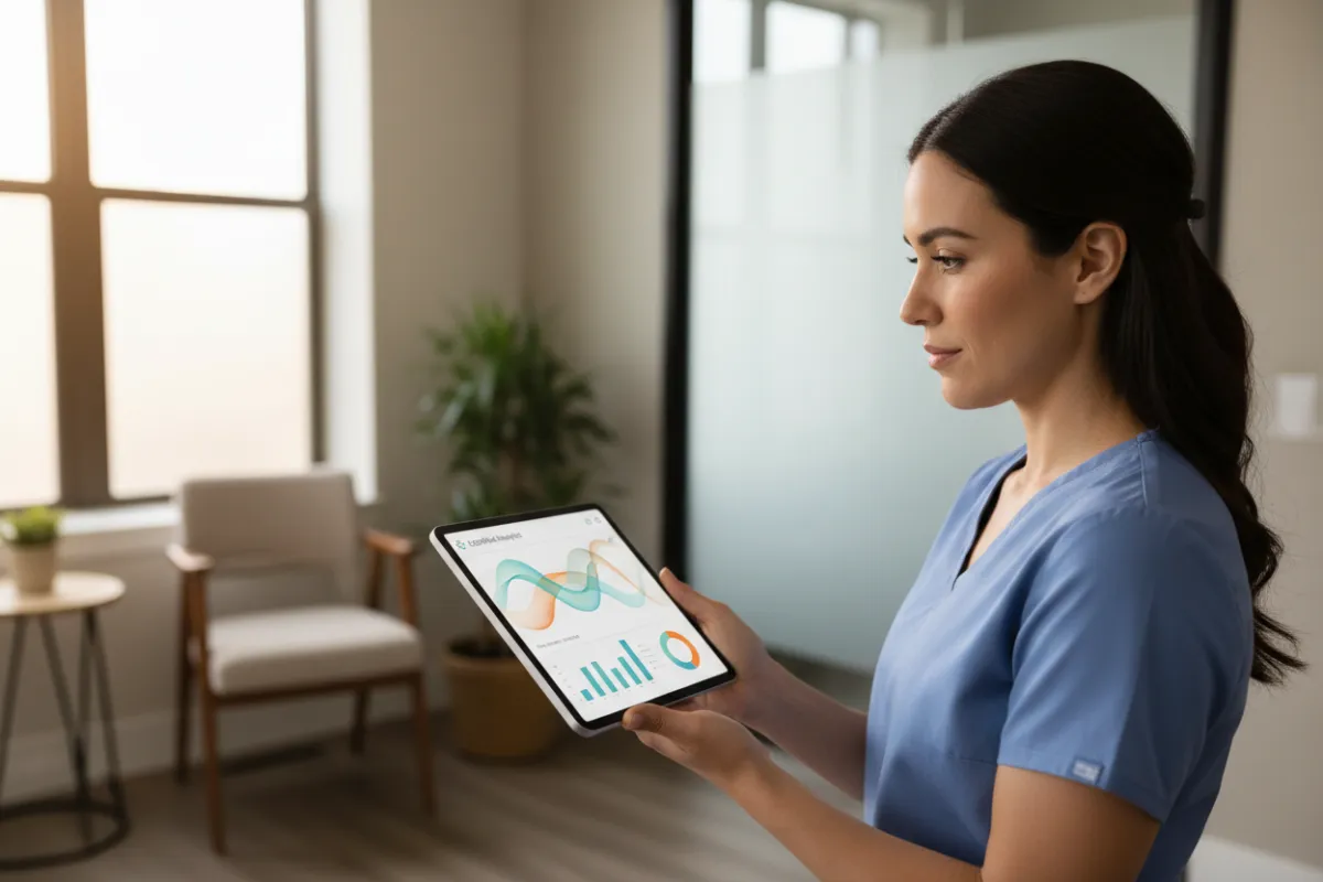 Clinician viewing EchoPilot analytics on a tablet in a modern clinic
