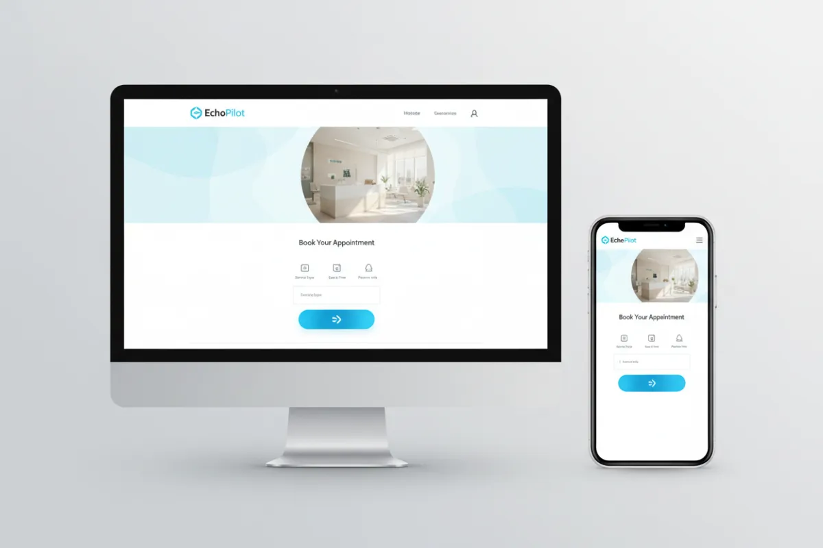 Mockup of a clinic landing page with EchoPilot booking widget visible on desktop and mobile frames.