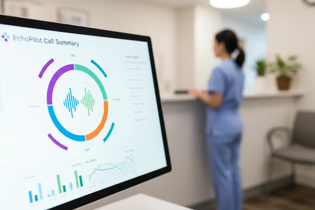 Clinic front desk with EchoPilot call summary on monitor