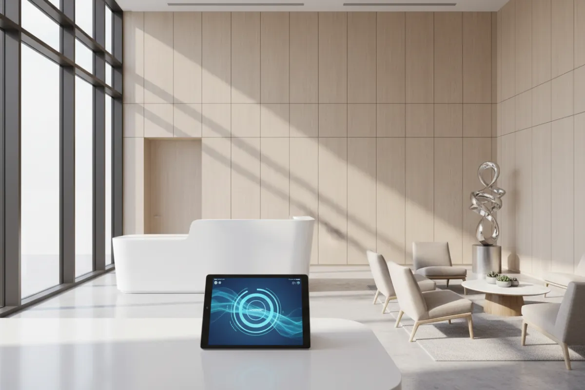 Modern dental practice lobby with EchoPilot widget on tablet at reception desk