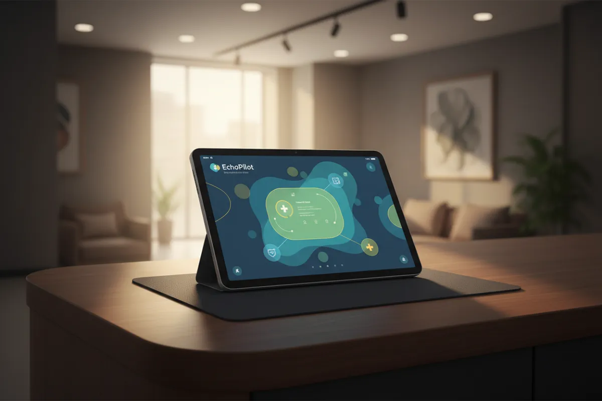 Clinic reception area with EchoPilot dashboard on a tablet at the counter.