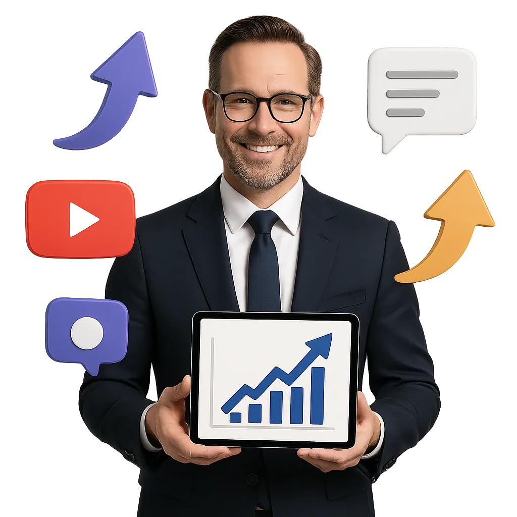 A confident, well-dressed business coach smiling warmly, holding an iPad displaying an upward growth chart.