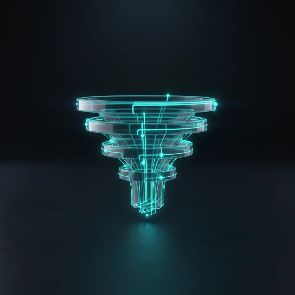 A glowing funnel diagram mapping a multi-step workflow in glassmorphism containers