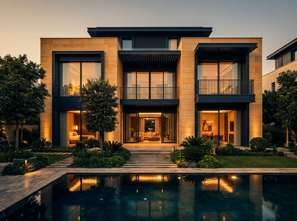 Contemporary luxury architectural villa with warm ambient lighting and private garden