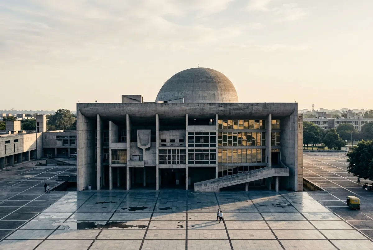 Chandigarh modernist architectural landmark and city grid view