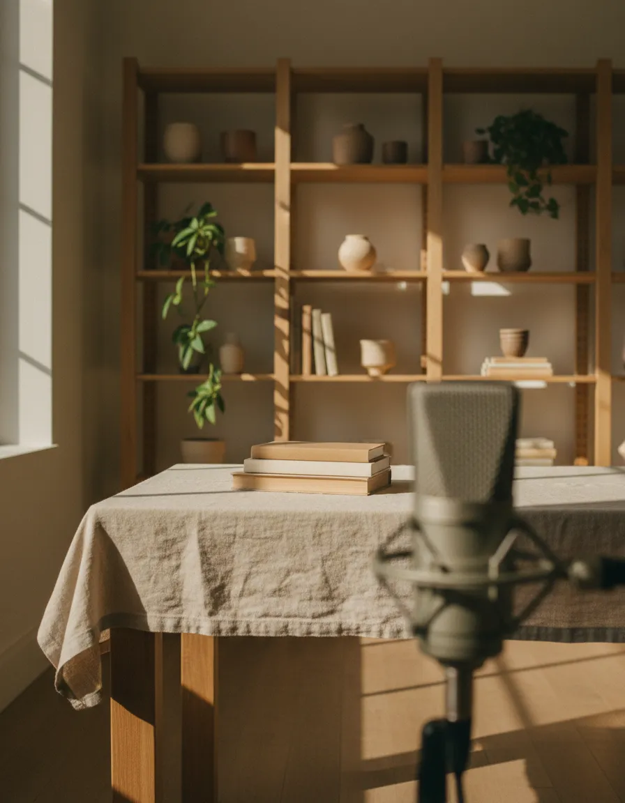 A warm, softly lit recording space representing quiet intelligence and reflective narration