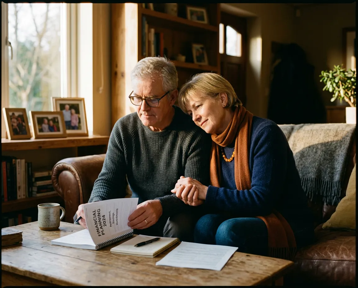 Thoughtful mature couple in a warm, sunlit living room reflecting calmly over their family finances and future security
