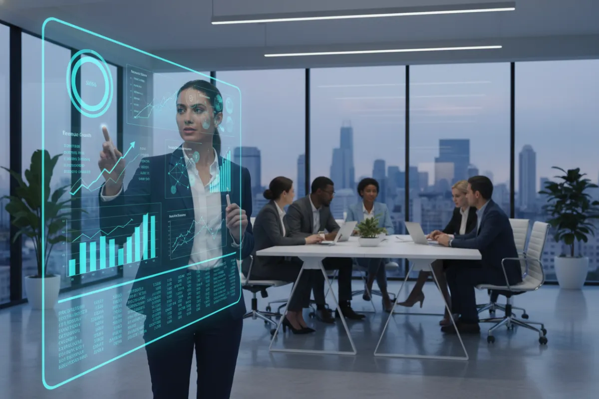 Business professional reviewing AI-powered dashboard with real-time analytics, office setting, diverse team in background, photorealistic style