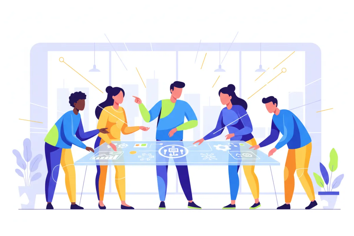 Team collaborating around digital interface with AI icons, diverse group, bright workspace, semi-abstract style