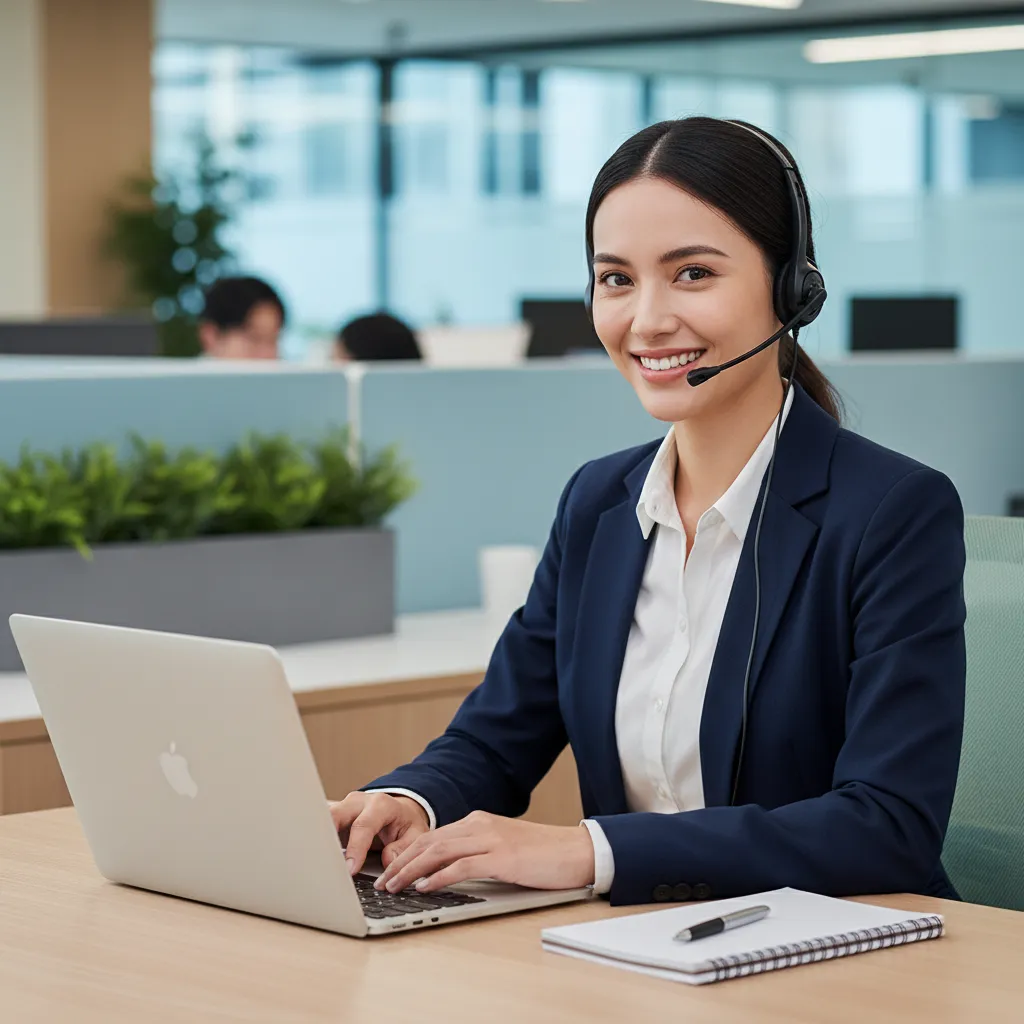 A friendly customer support representative with a headset, smiling at a desk with a laptop and notepad, set against a softly blurred office background, representing approachability and prompt service.