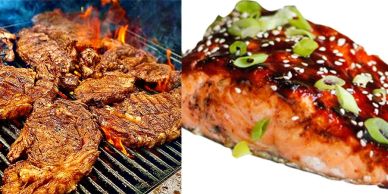Ribeye Steak Strips and Asian Sticky Salmon