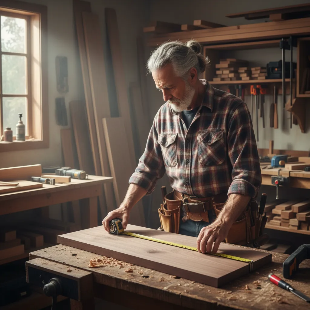 Senior carpenter with salt-and-pepper hair, wearing a plaid shirt and tool belt, measuring wood in a well-lit workshop. The scene highlights his craftsmanship and decades of hands-on experience in custom builds.