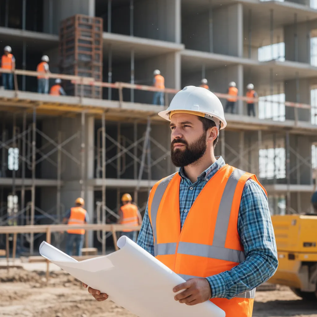 Young male site supervisor with a beard, wearing a high-visibility vest and hard hat, reviewing progress at an active construction site. The background shows workers and scaffolding, emphasizing his leadership and safety focus.