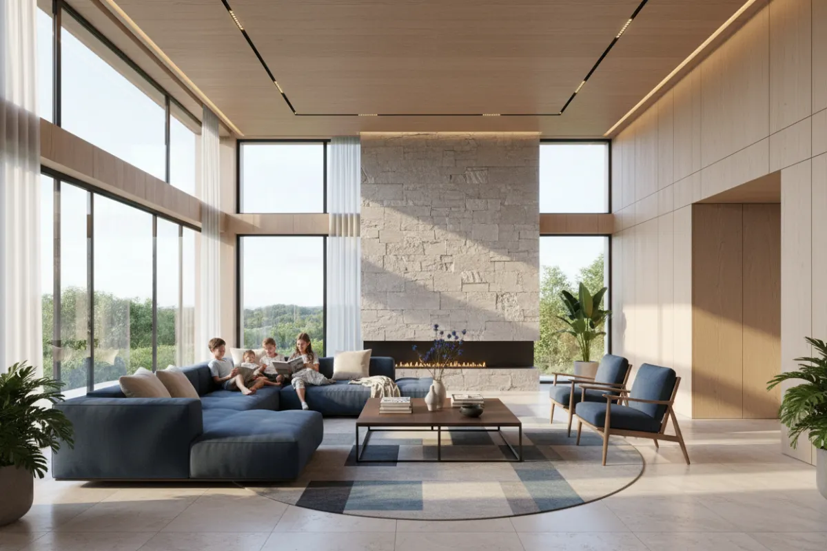 Modern open-concept living room with large windows, natural light, and a family relaxing on a plush sofa. The space features a blend of wood and stone finishes, contemporary furniture, and subtle blue accents, evoking comfort and sophistication.