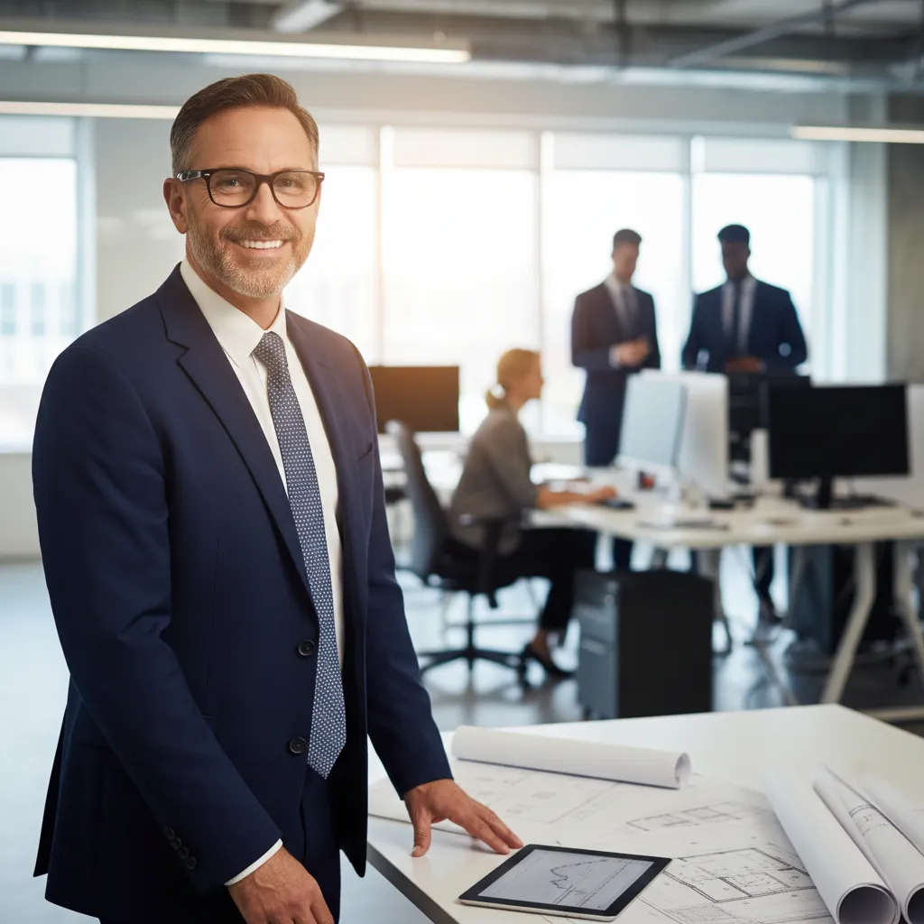 Portrait of a smiling middle-aged male project manager with glasses, wearing a navy blazer and white shirt, standing in a bright office with blueprints on the desk. The background is softly blurred, emphasizing his approachable professionalism.