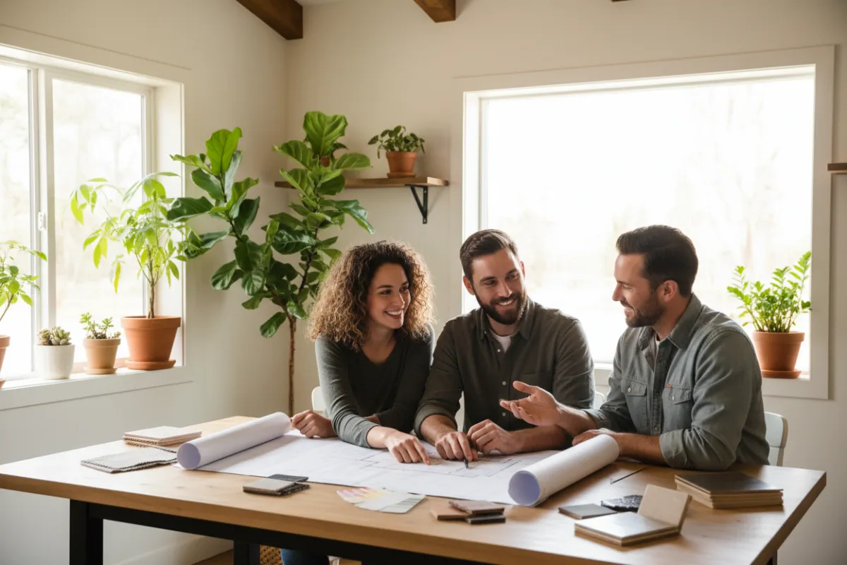 Homeowner couple meeting with a contractor at a kitchen table, reviewing renovation plans and samples. The room is bright and welcoming, with plants and natural wood accents, reflecting a collaborative and friendly atmosphere.